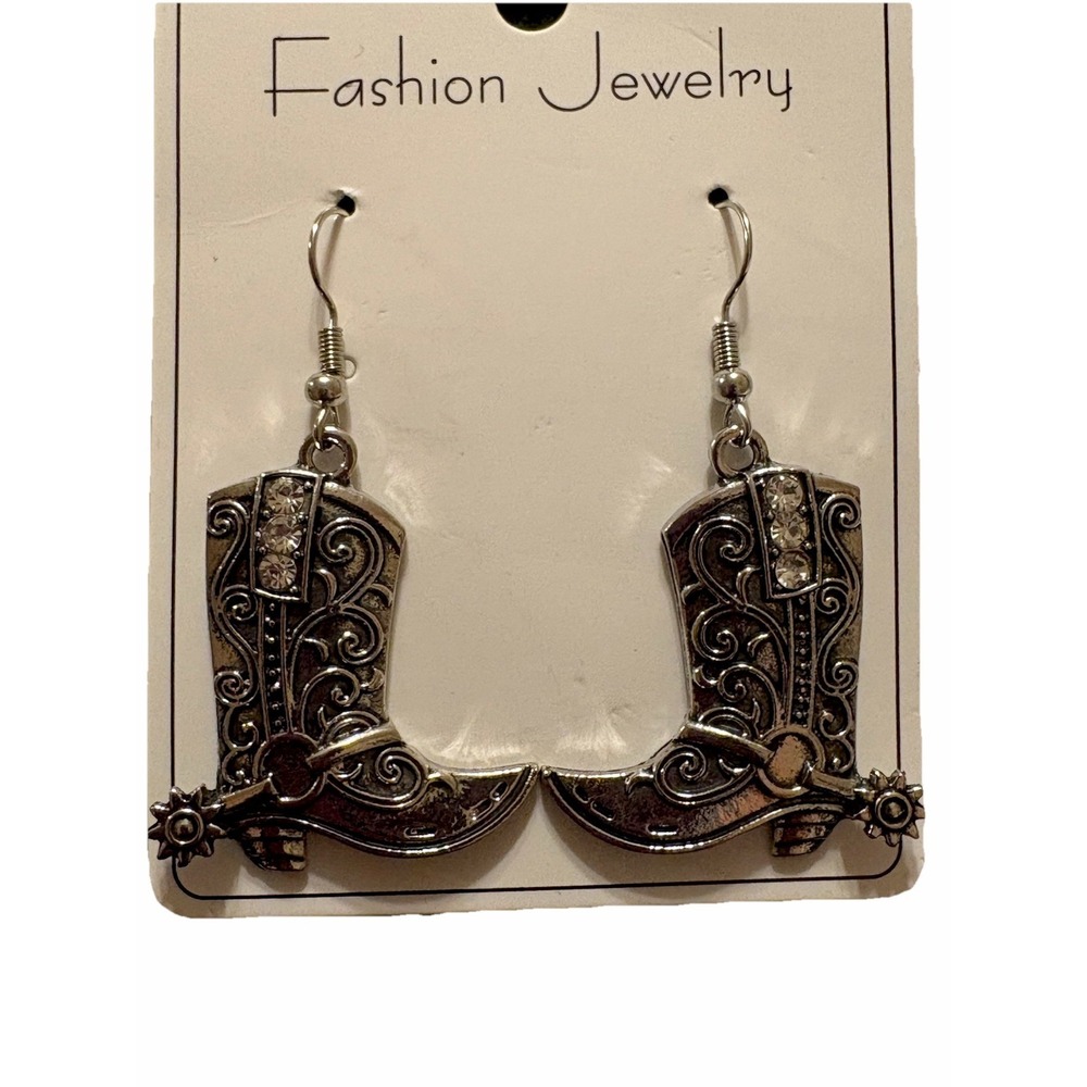 Western Boot Dangle Earrings Silver Tone with Crystal Accents